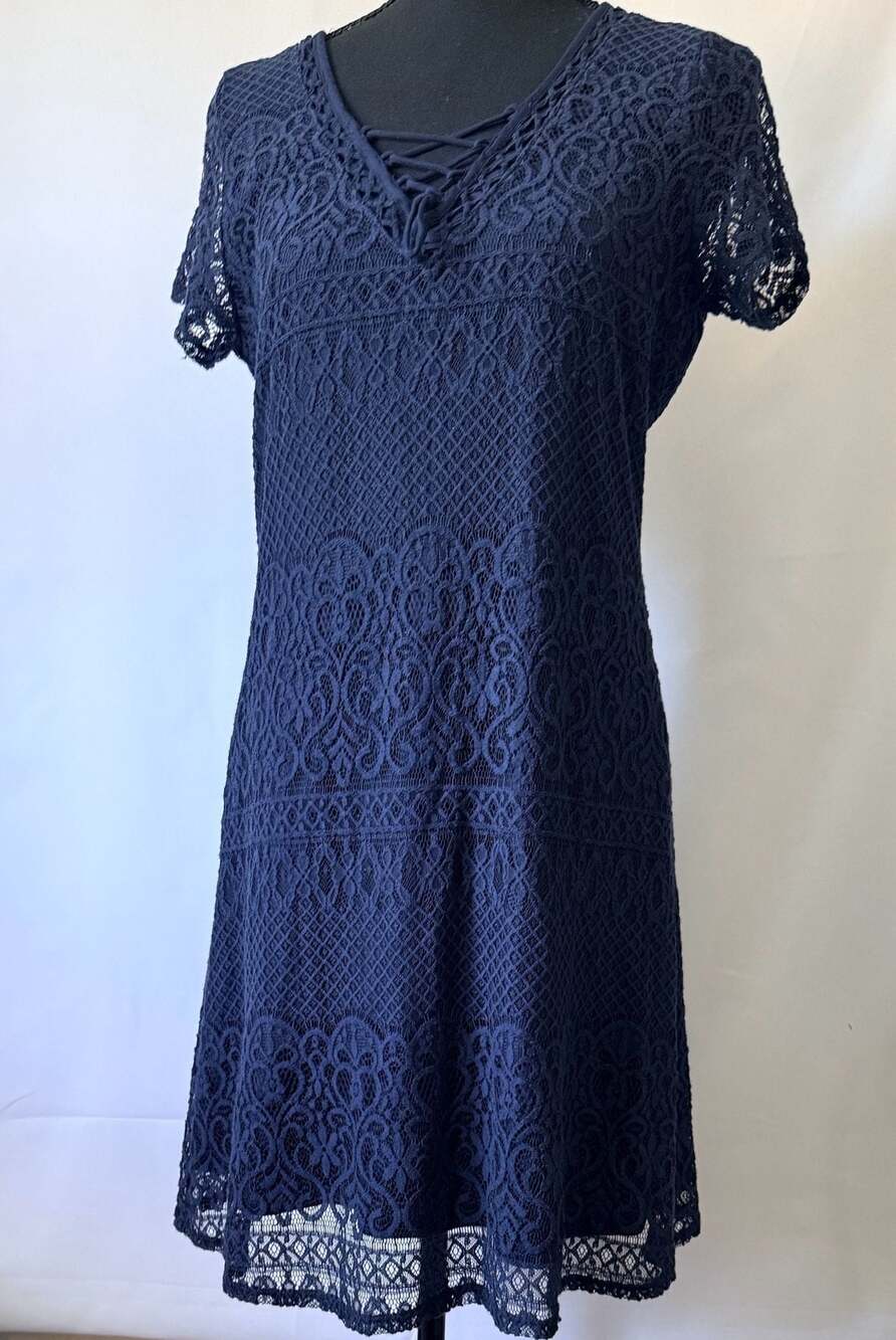 Hollister Navy Blue Lace Lace-Up Neck Mini Dress Sz L Steampunk Whimsigoth